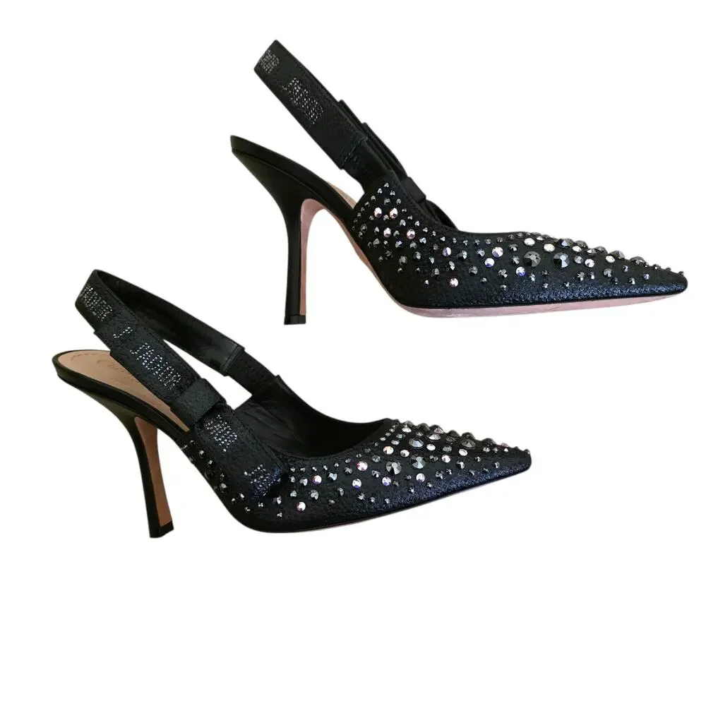 Christian Dior Slingback Black Leather Jadior High Heels Pointed Toe IT 38 8